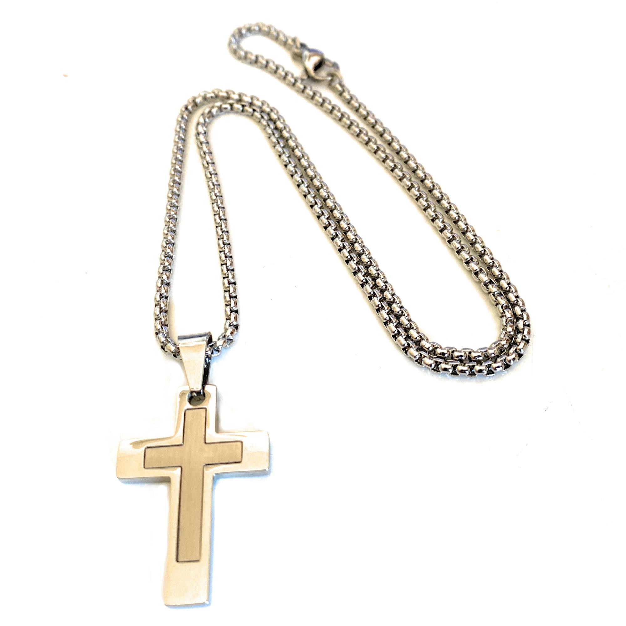 Collana con croce in acciaio da uomo catena rosario crocifisso inox lunga 50 cm rapper